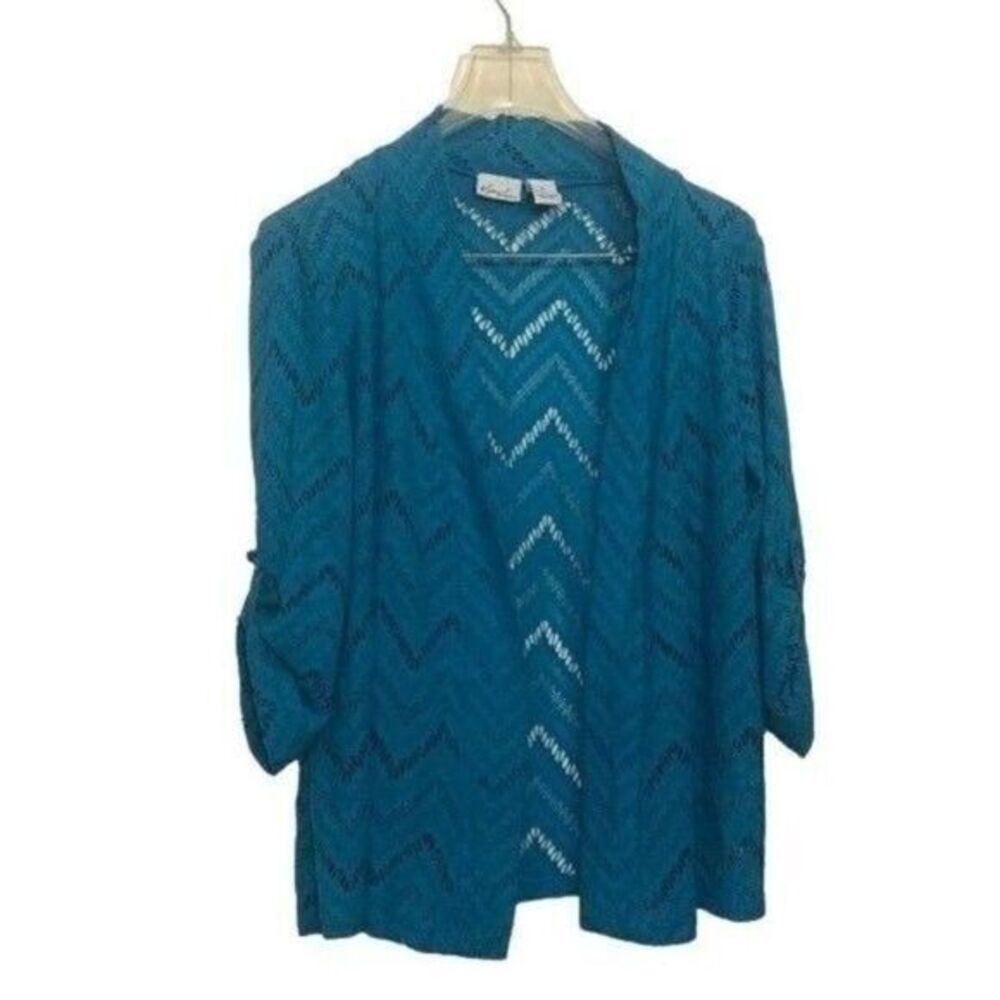 Kim Rogers Teal Blue Crochet Knit 3/4 Sleeve Button‎ Tab Open Front Cardigan